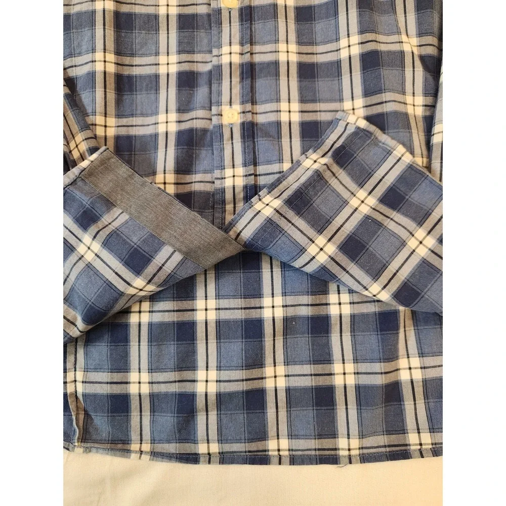 Banana Republic Mens XL Grant Fit Custom Wash Blue Plaid Cotton Button‎ Shirt